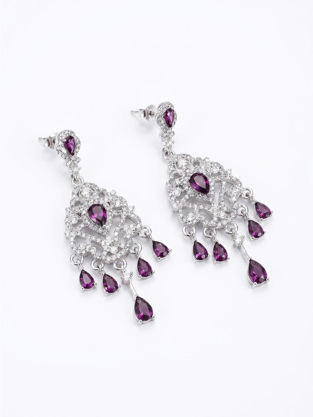 Silver-Tone Purple Crystal Chandelier Earrings - Unbranded